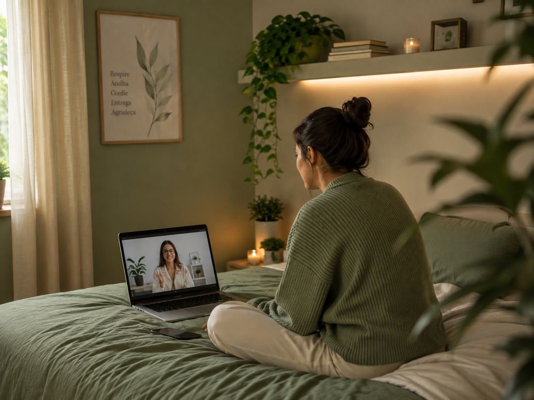 Pessoa em atendimento psicológico online por videochamada em um ambiente acolhedor